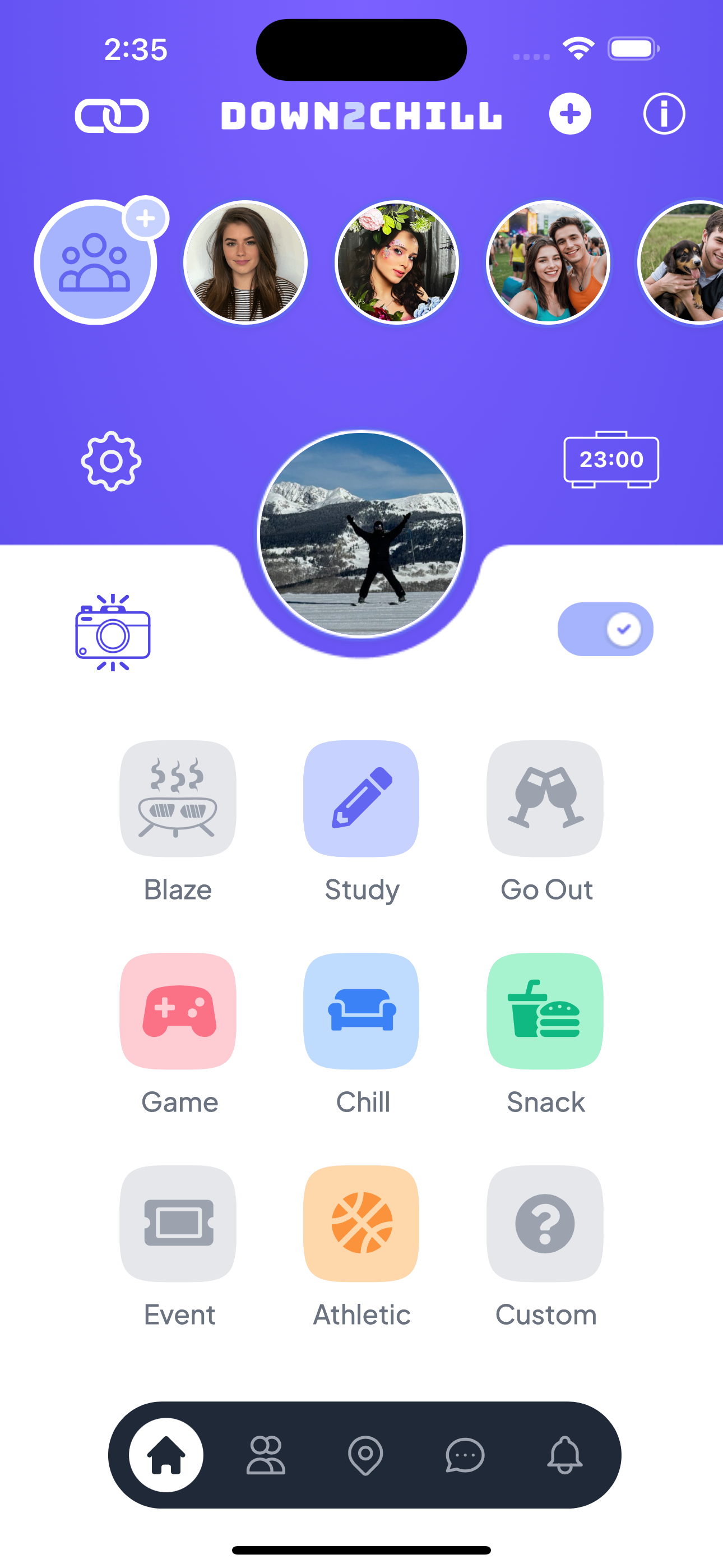Down2Chill home screen with activity moods