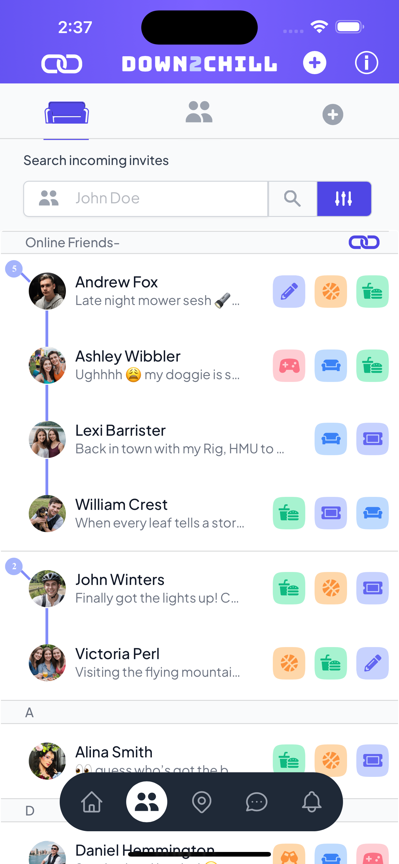 Down2Chill friends page showing who is chilling