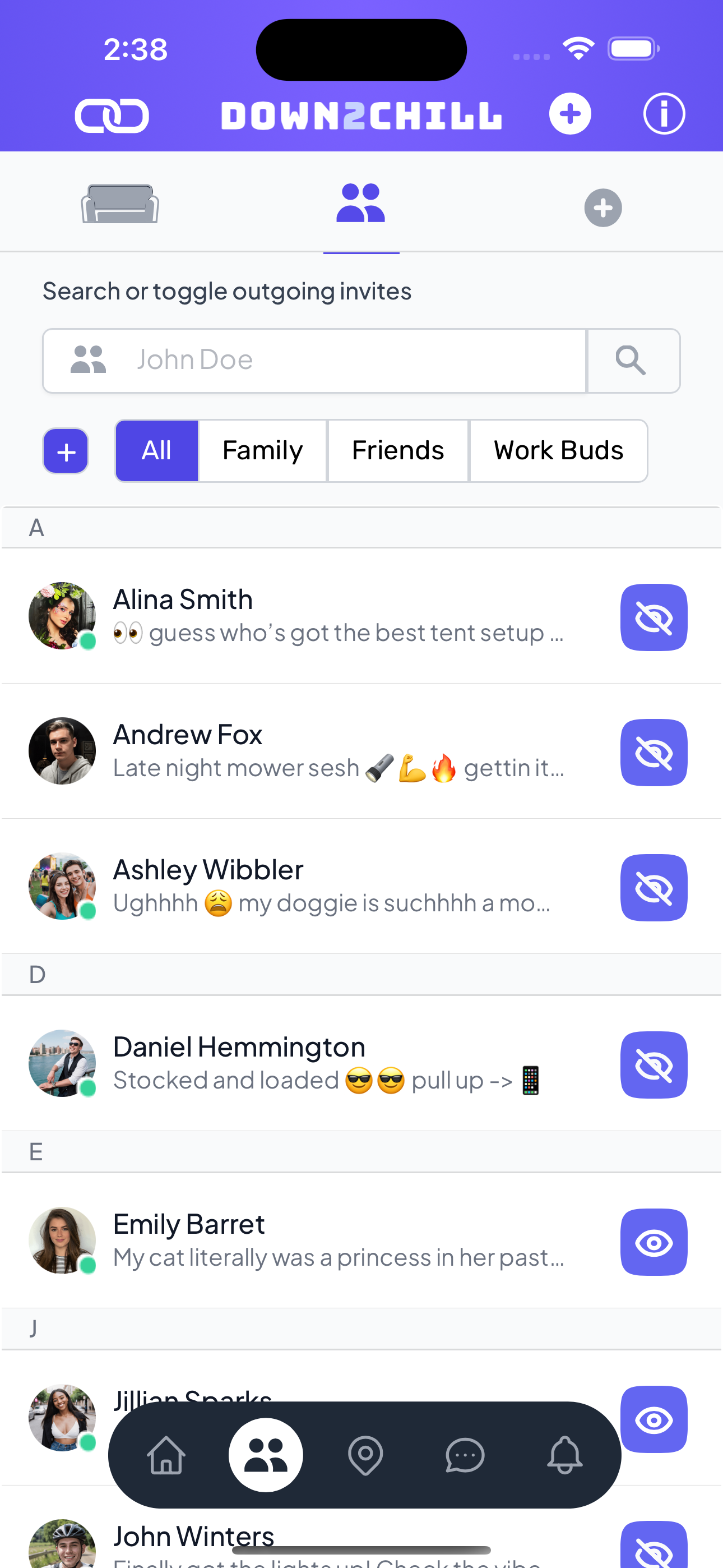 Down2Chill privacy and friend management screen